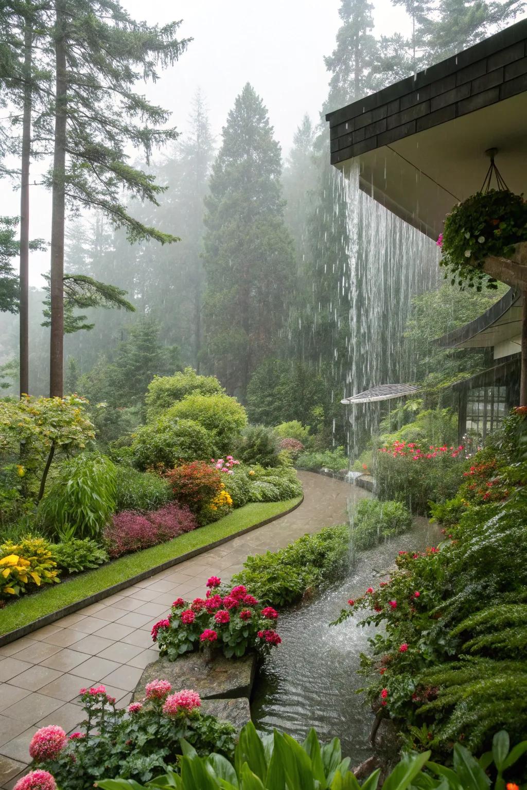 Rain drape walls introduce the gentle melody of rainfall to garden spaces.