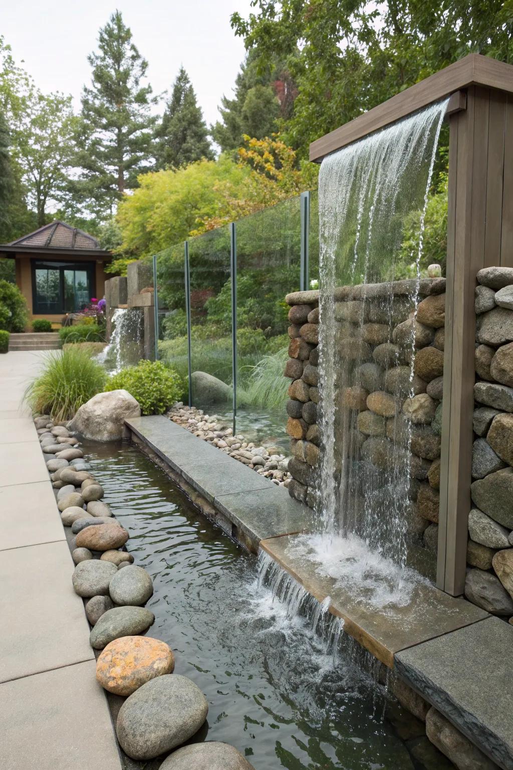 A contemporary garden waterfall integrating a fusion of stone and glass.