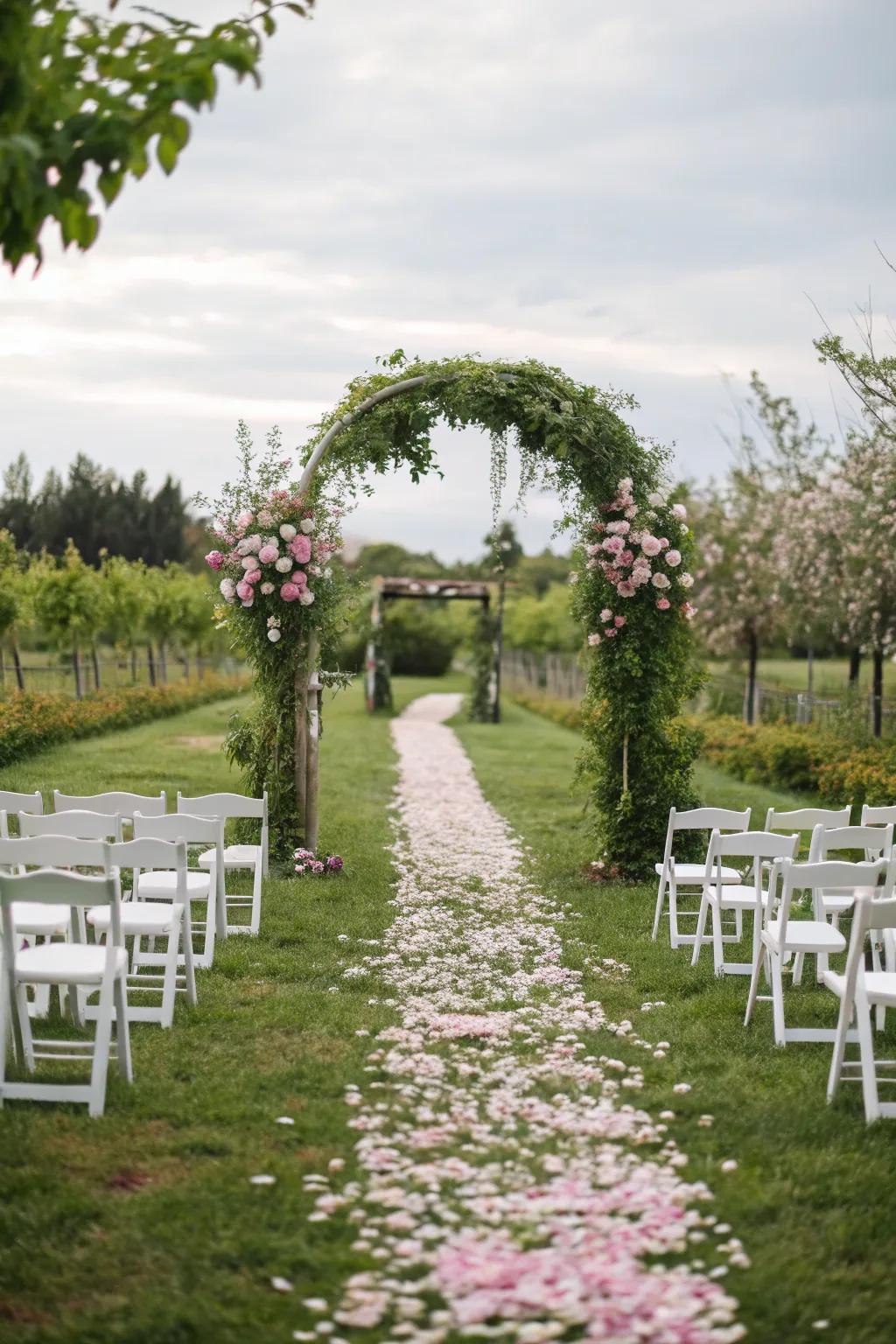A secret garden aisle with climbing plants creating a natural wonderland.