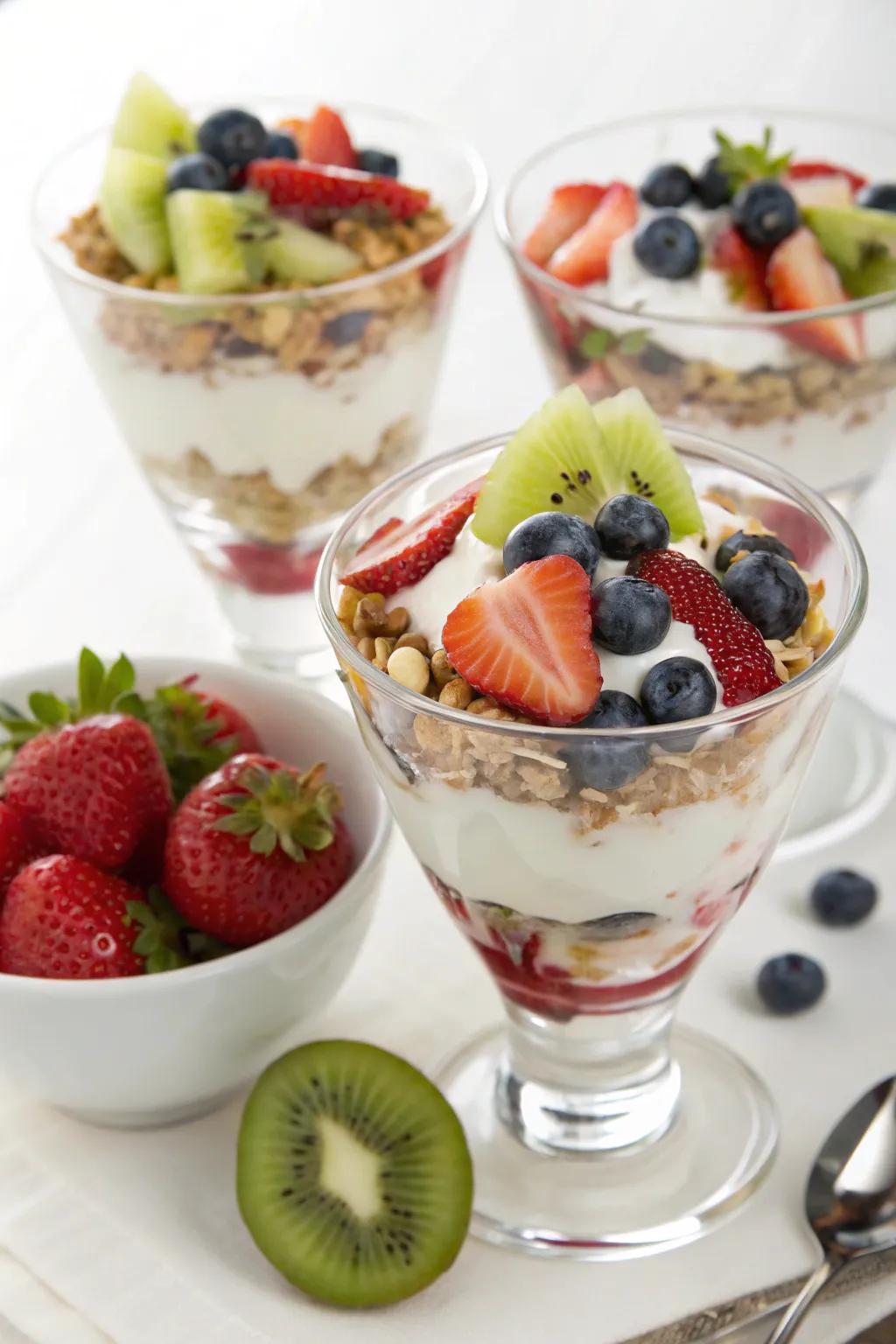 A nutritious and visually appealing yogurt layered dessert with fresh berries and granola.