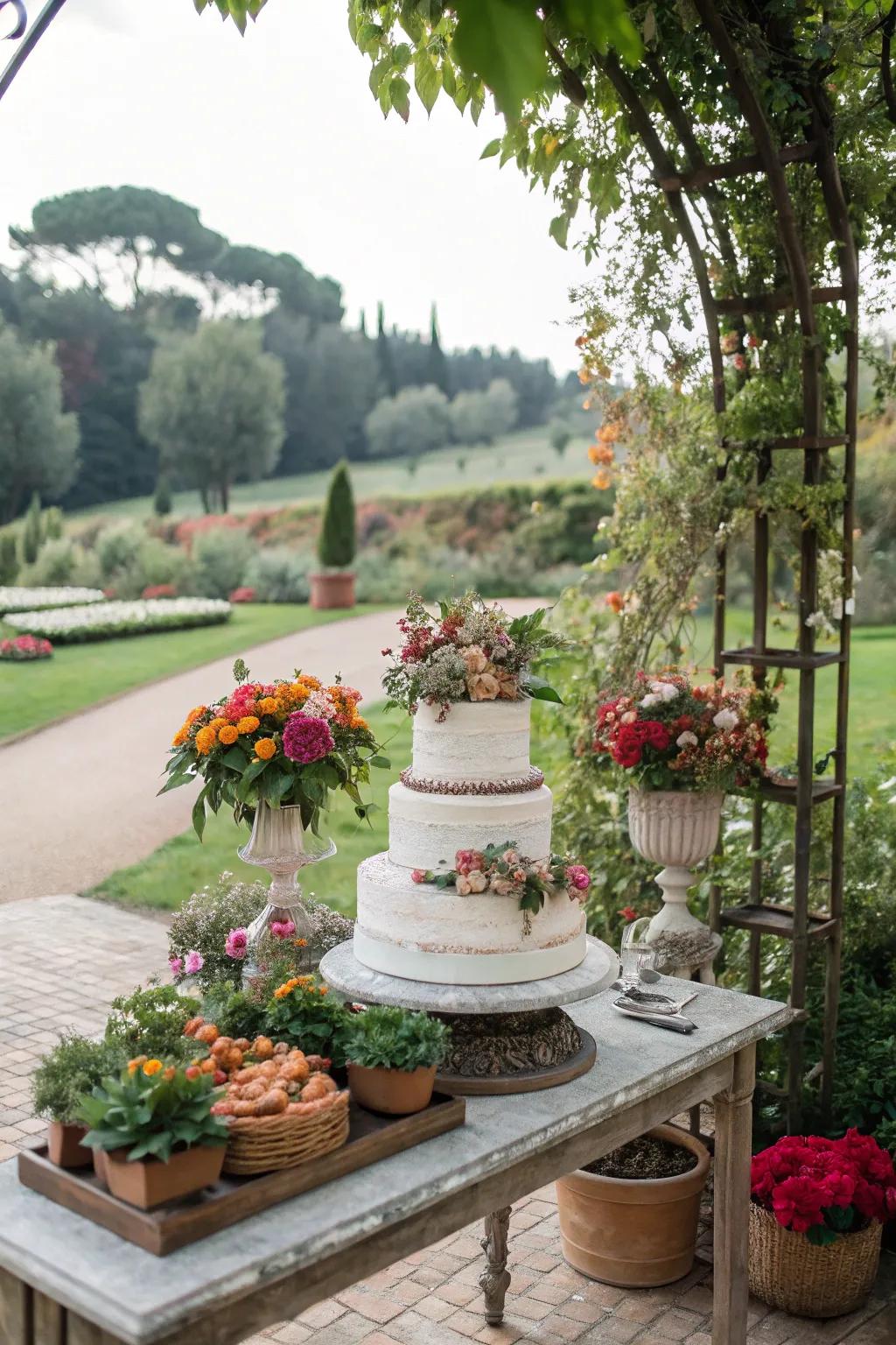 A cultivated-themed wedding cake presentation styled with lush potted saplings.