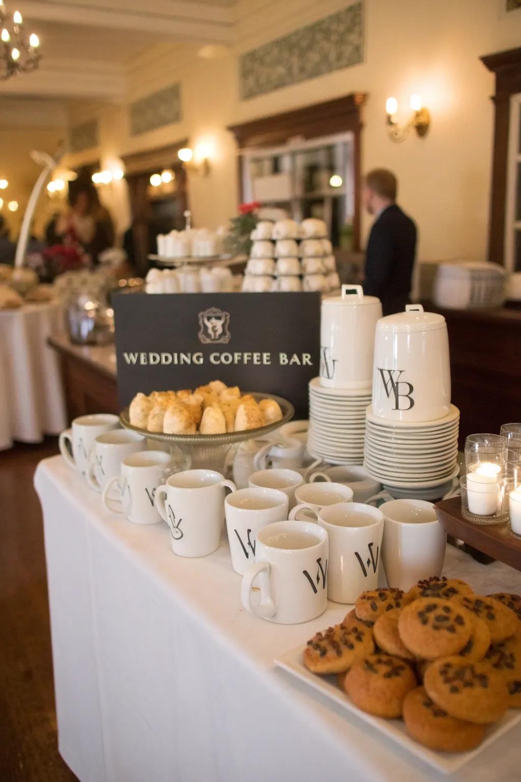 Name-marked mugs for guests at a wedding coffee bar.