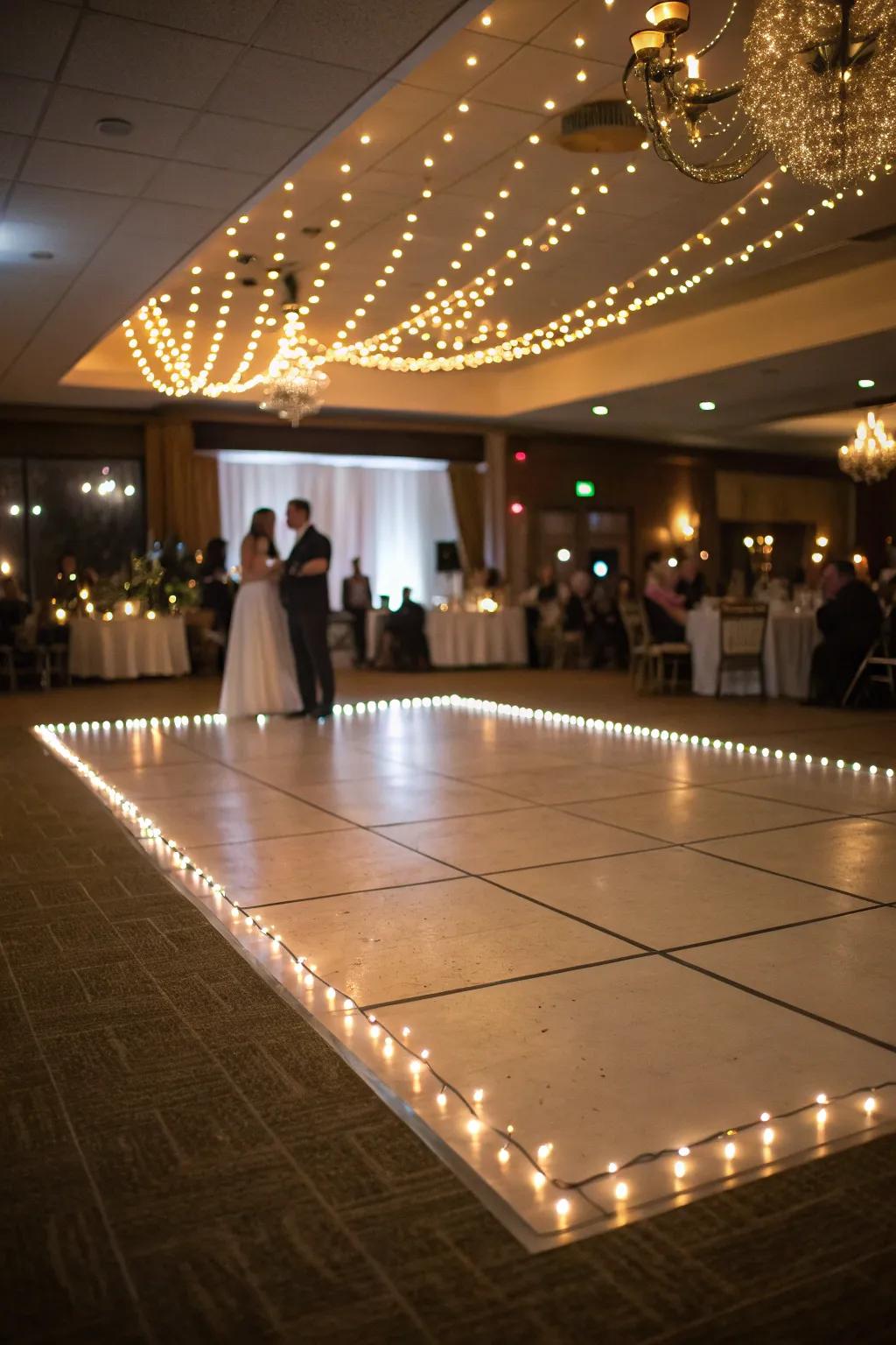 A wedding dance floor inventively outlined with string lights, adding a magical touch.