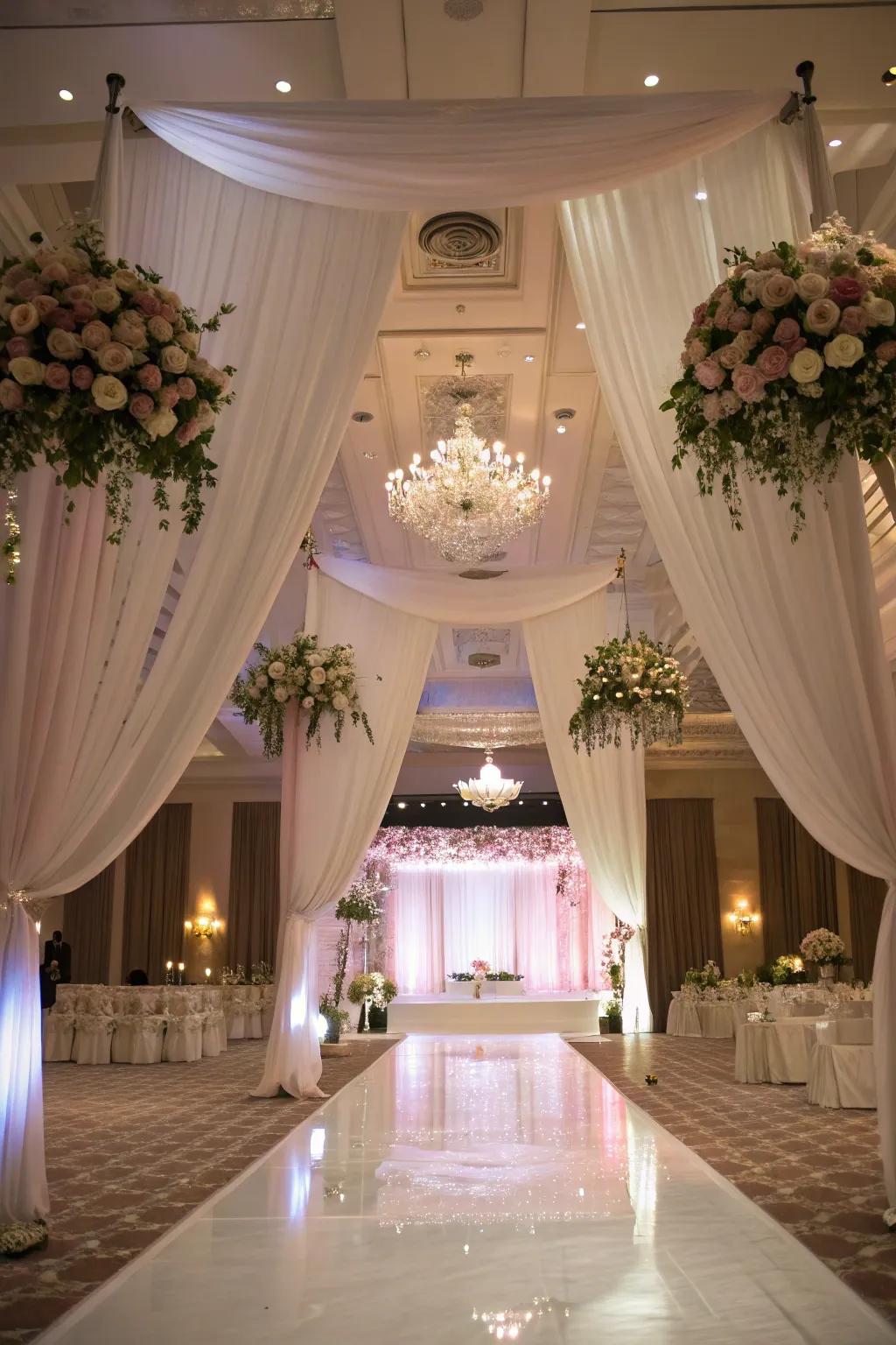 Craft an unforgettable encounter with drapery and drifting florals.