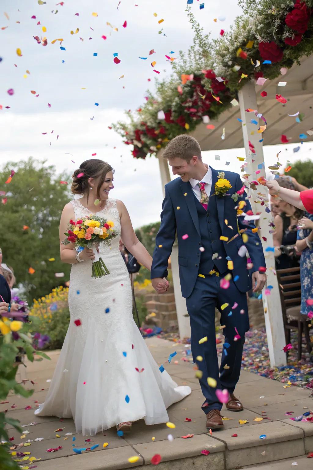 A particle launch crafts a festive entrance for the newlyweds.