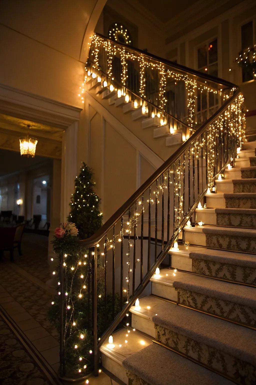 Glimmering lights transform this staircase into an bewitched evening setting.