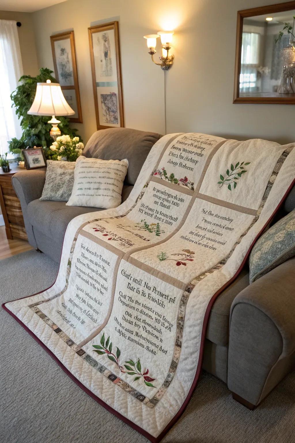 Cozy coverlet with stitched vows ideal for snuggling.