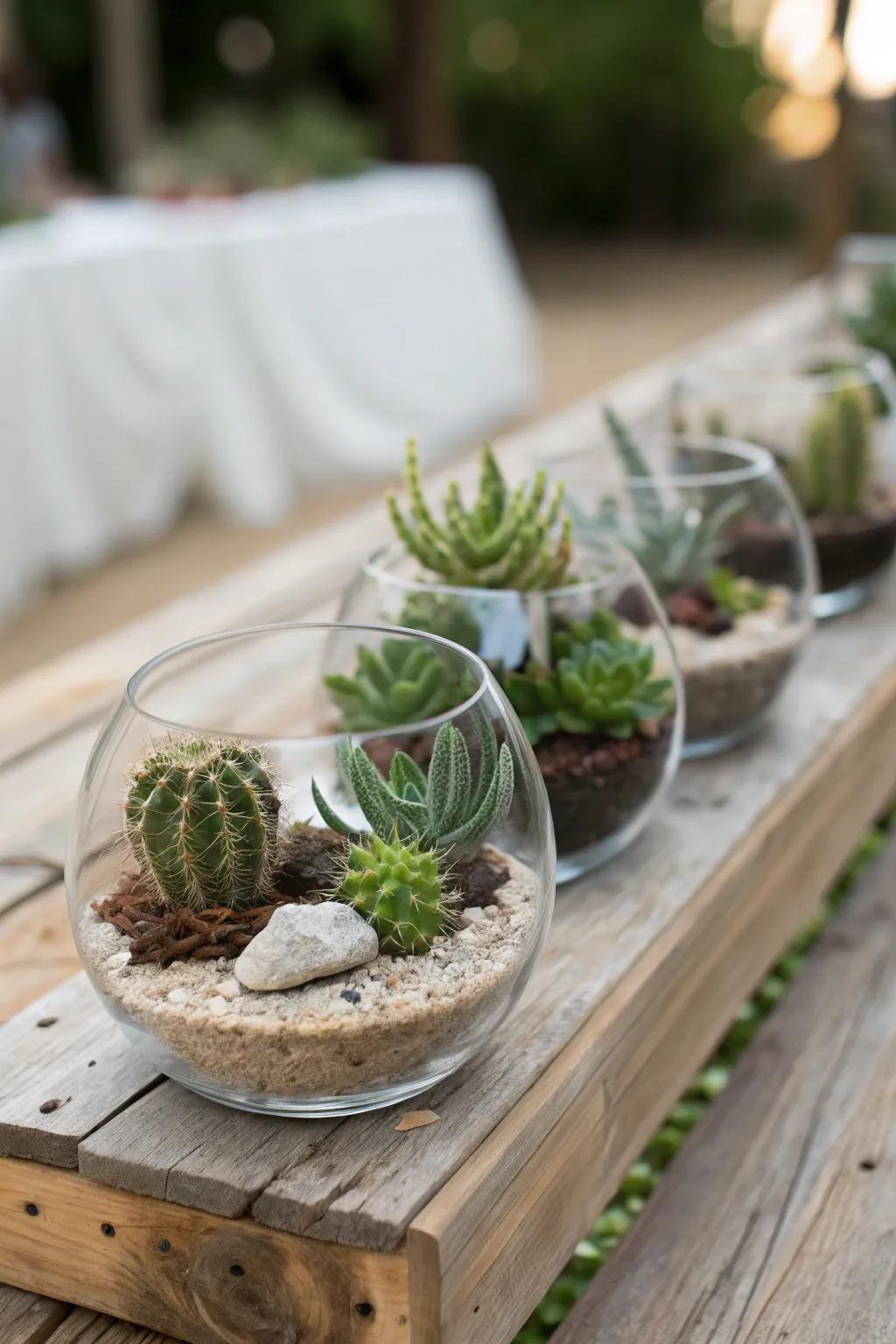 Cacti in terrariums present a desert-inspired and earthy sensation to your table.