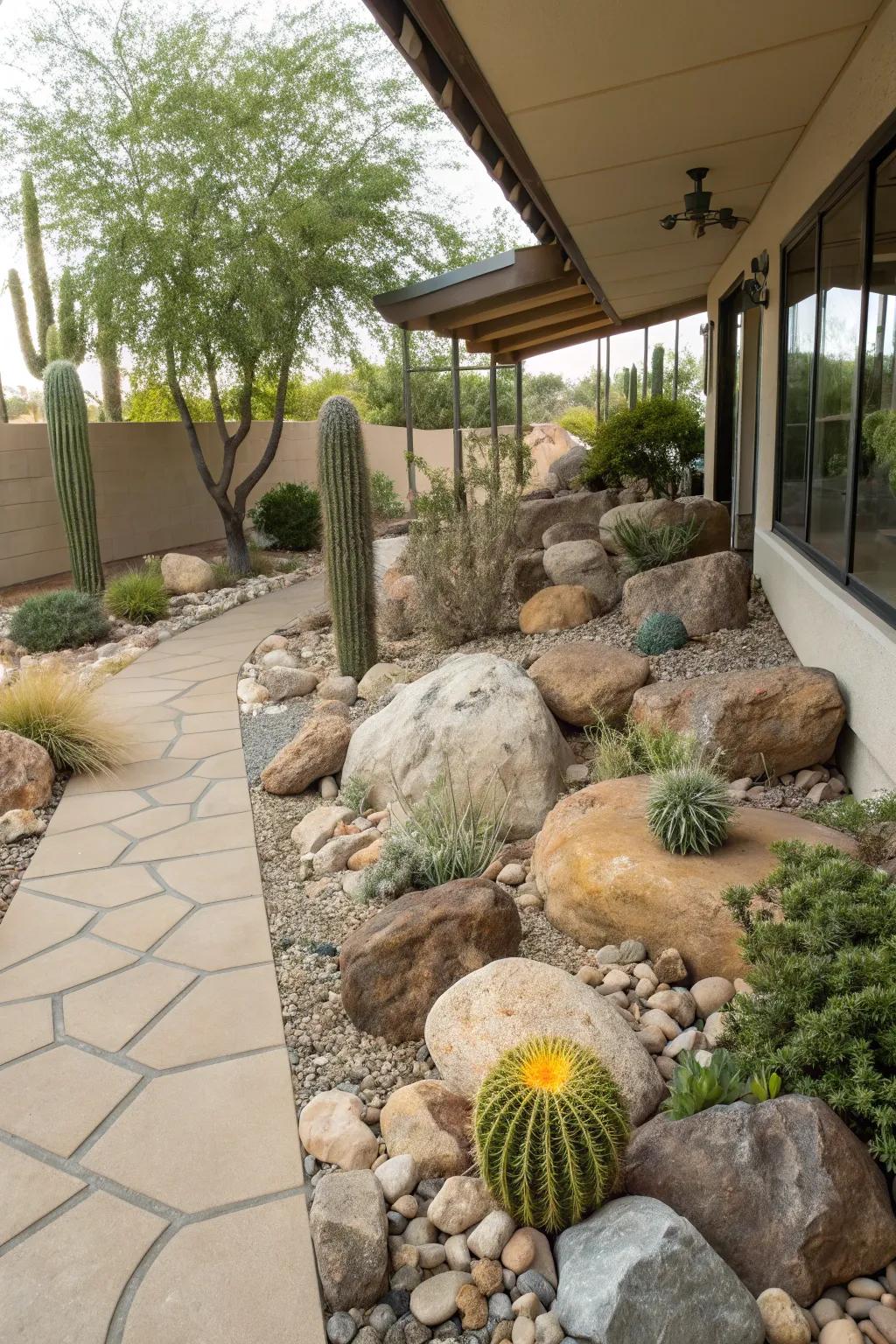 A rockery contributes natural beauty and texture to the patio.