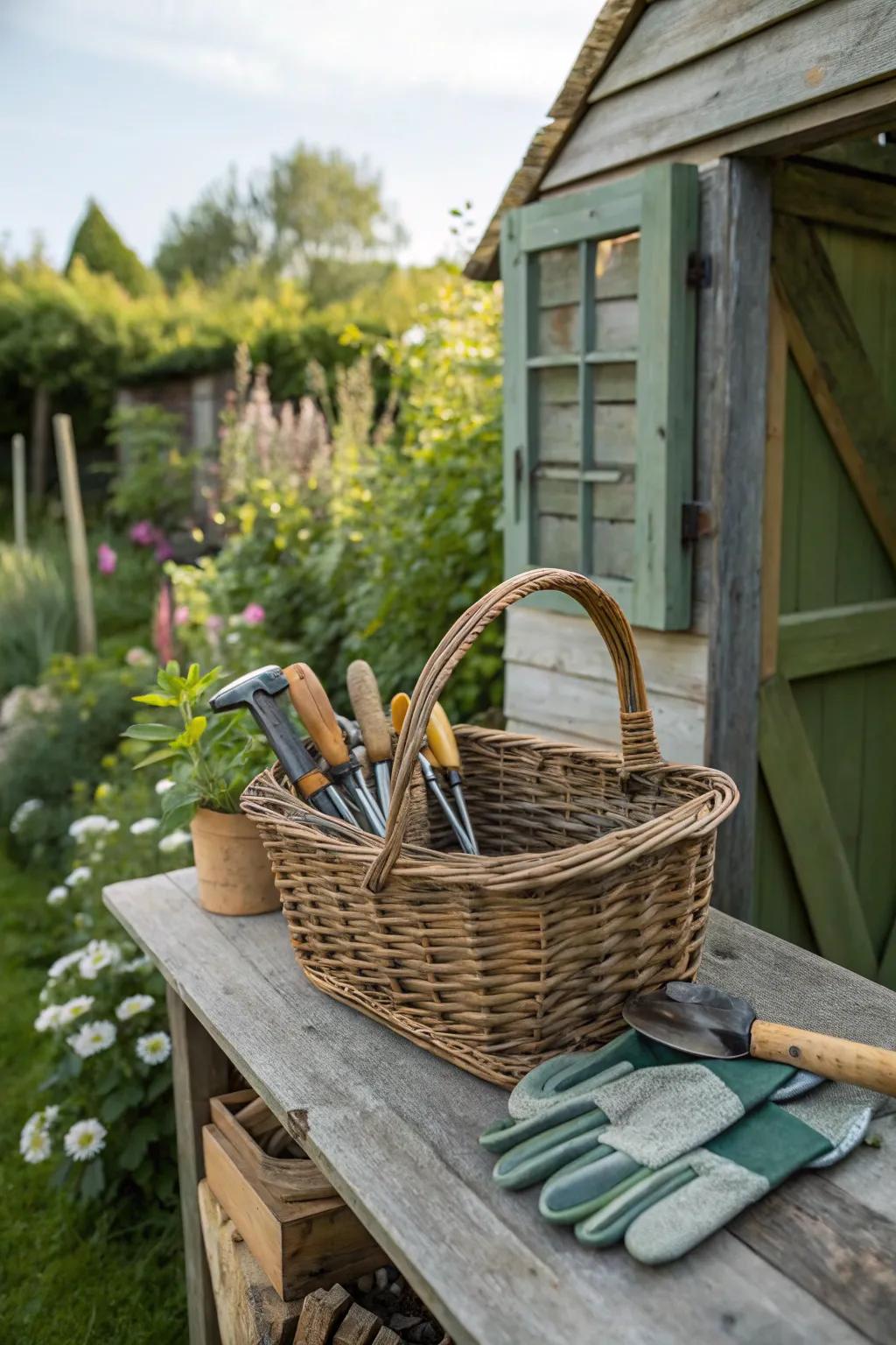 A basket showcasing horticultural implements sustains your outdoor area in an organized and captivating state.