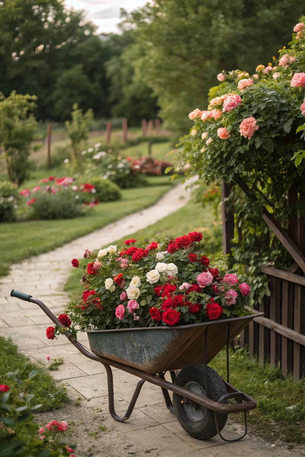 Imbue your garden with romance by showcasing a rose-filled wheelbarrow.