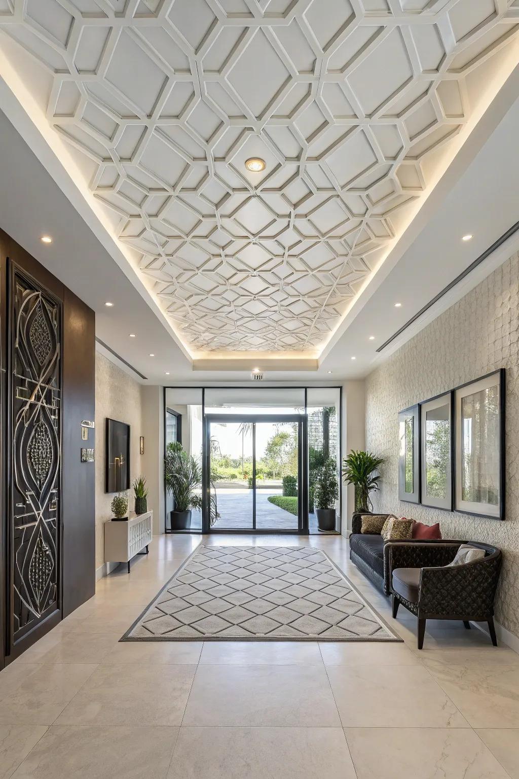 A modern entryway with a white ceiling and geometric shapes, giving it a unique twist.