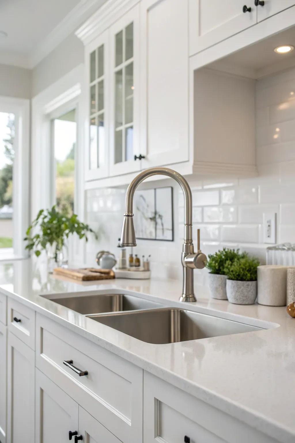 A unique water spout design lends sophistication to the basin expanse in the white kitchen.