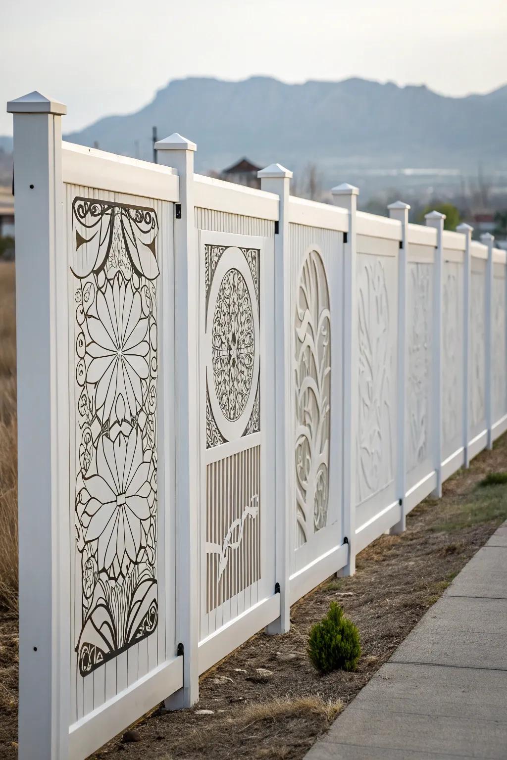 Artistic sections append a singular and ingenious aptitude to a white fence.