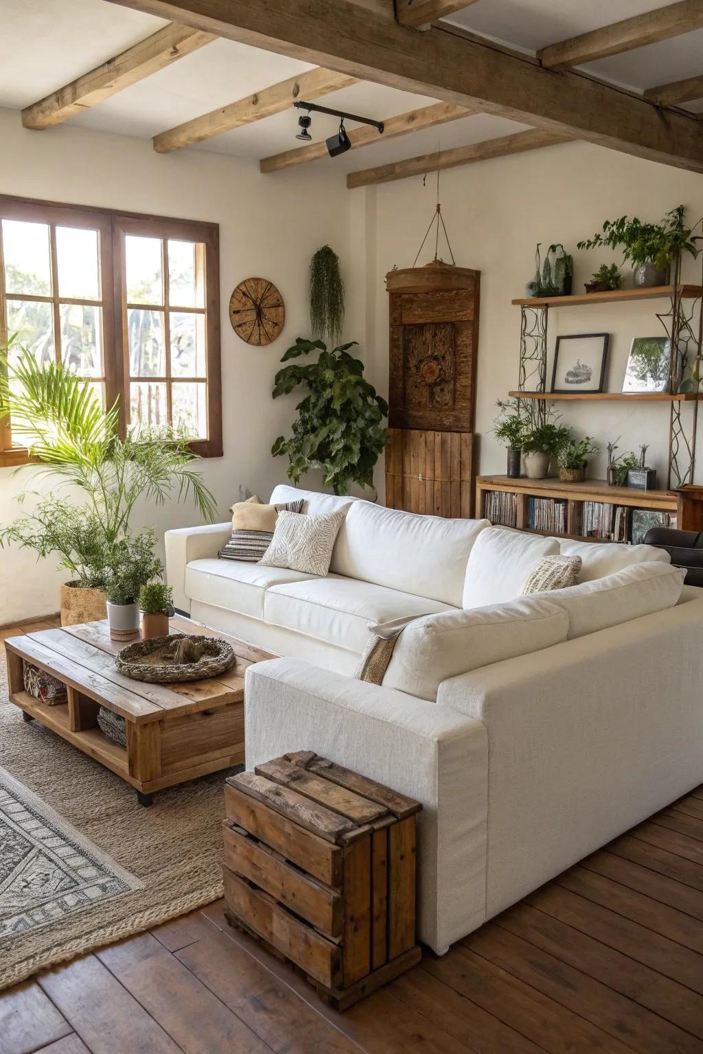 Eco-conscious constituents channel persona into a living space featuring a creamy white sectional.