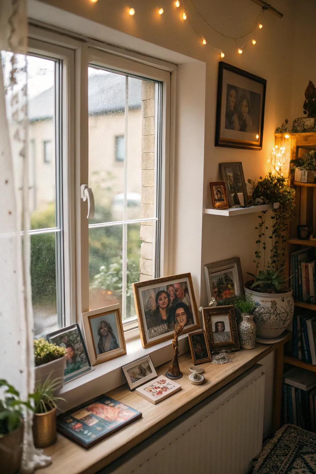A window nook individualized with photos and keepsakes.