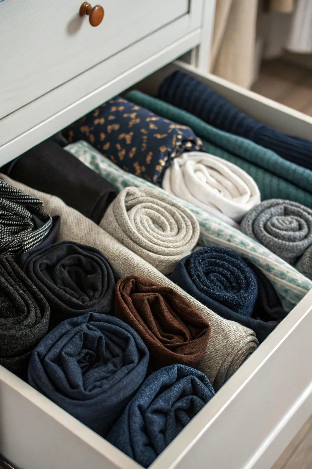 Fold and roll apparel for dimensionally efficient storage.