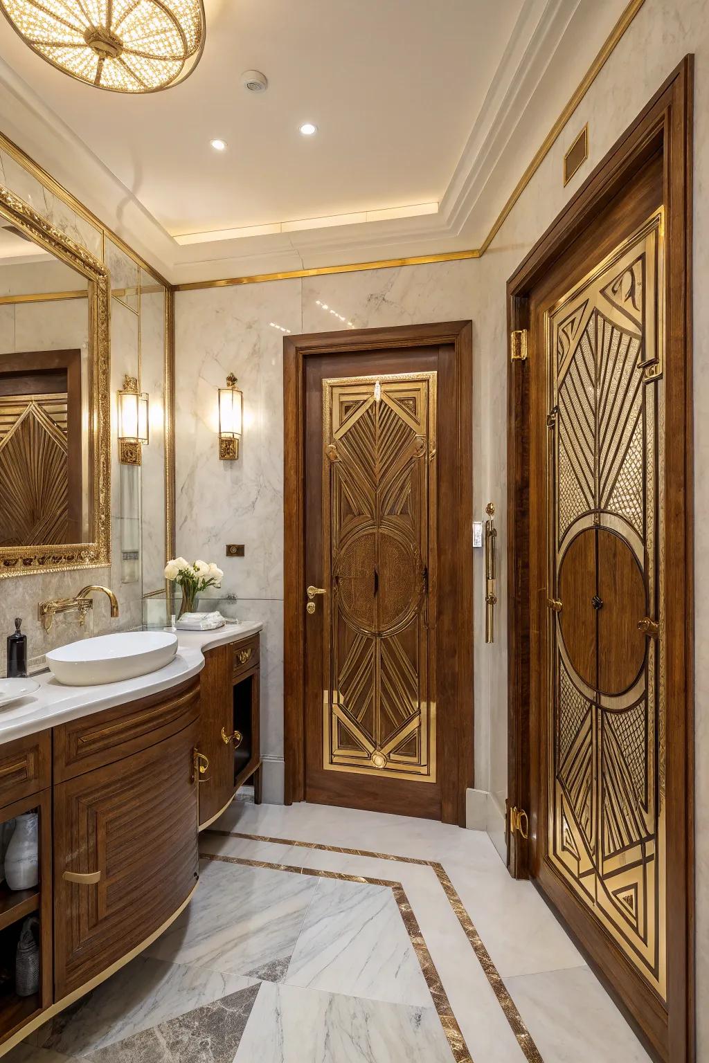 Art Deco layouts in timber bring a glamorous note to bathroom aesthetics.