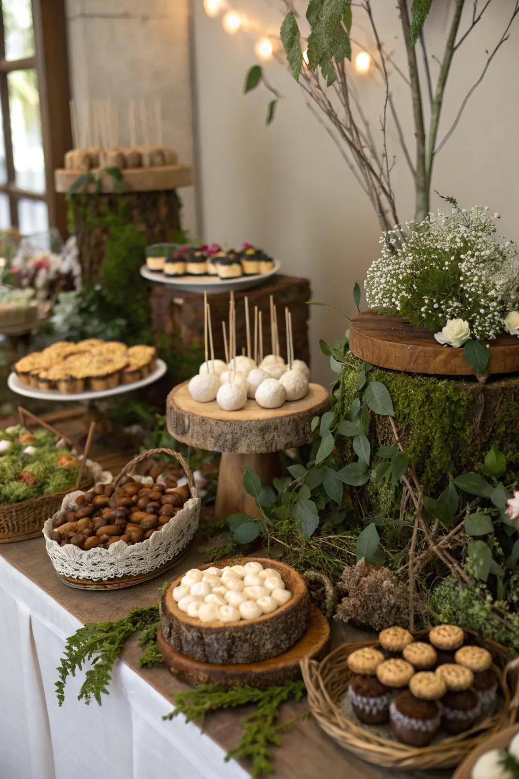 Indulge in a dessert station filled with forest treats.