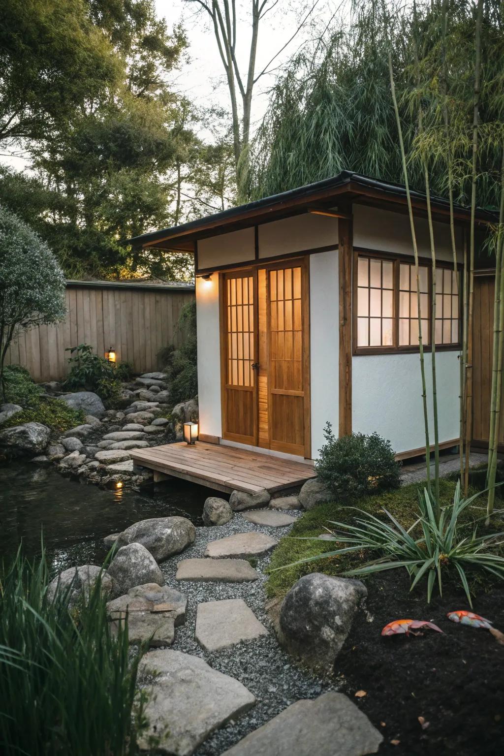 A tranquil, Zen-inspired writing shed ideal for sparking creativity and reflection.