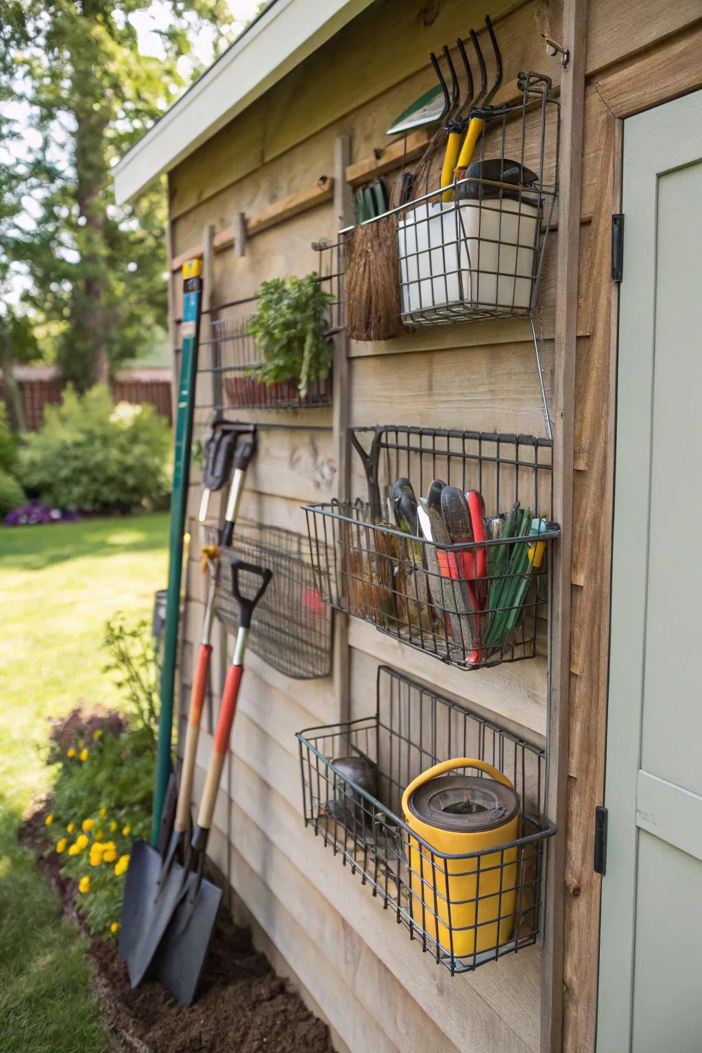 With hanging wire baskets, storage is easily accessible and efficient.