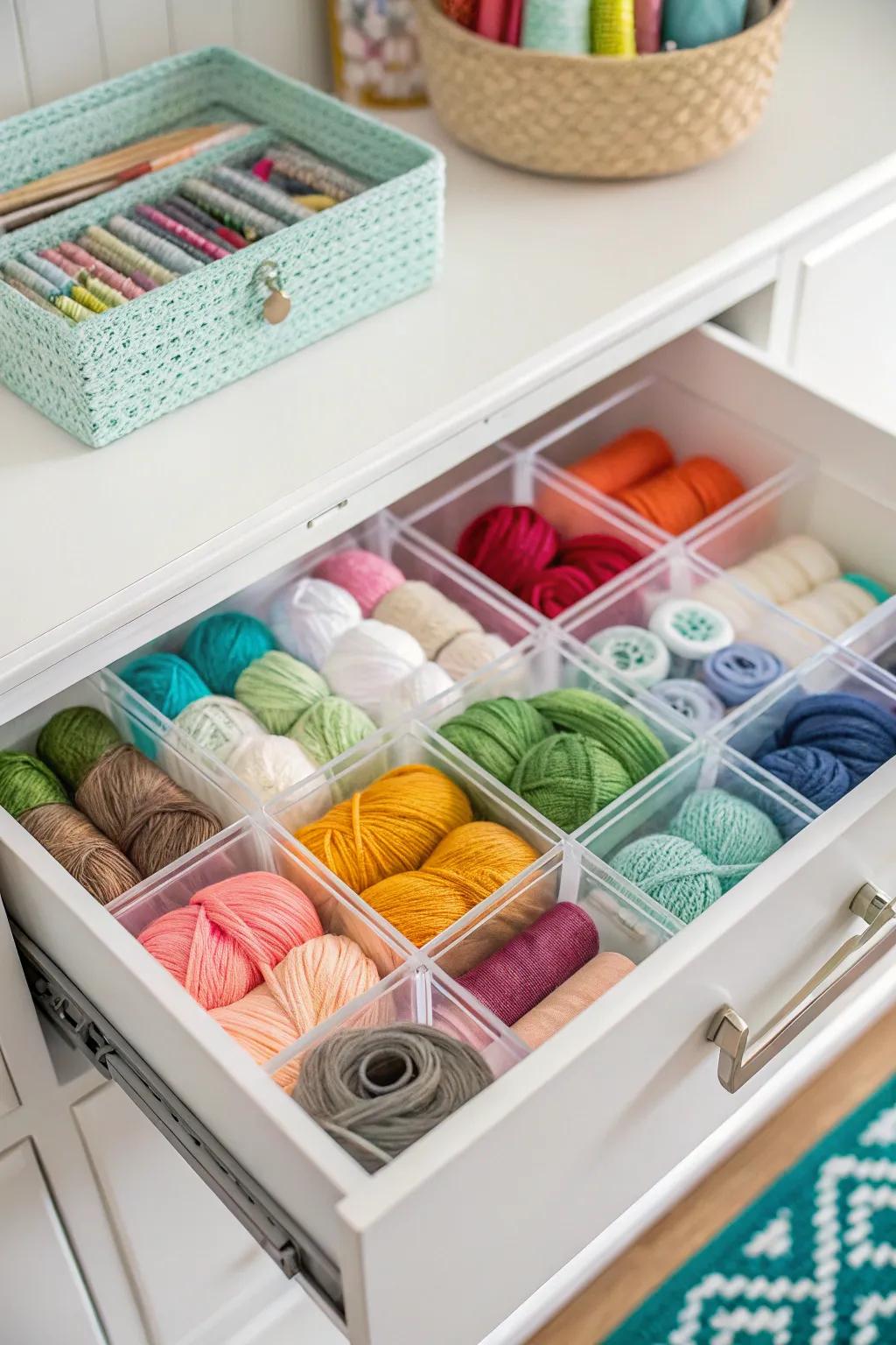 Transparent drawer dividers keep yarn tidy and easy to access.