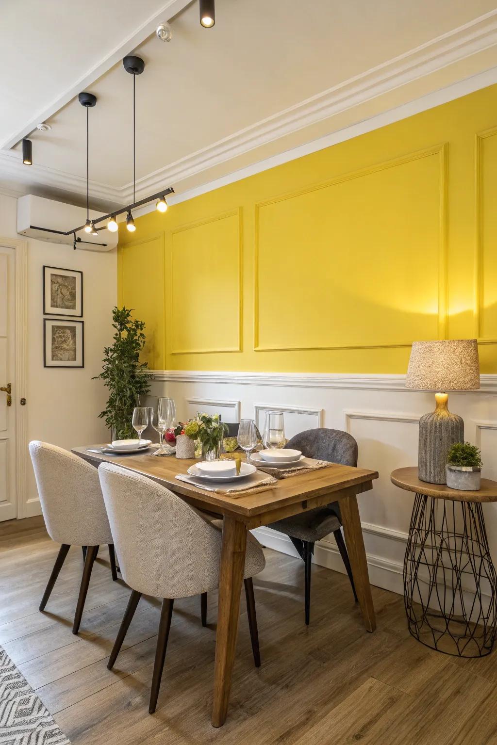 A dining room showcasing a strong segmentation of color.