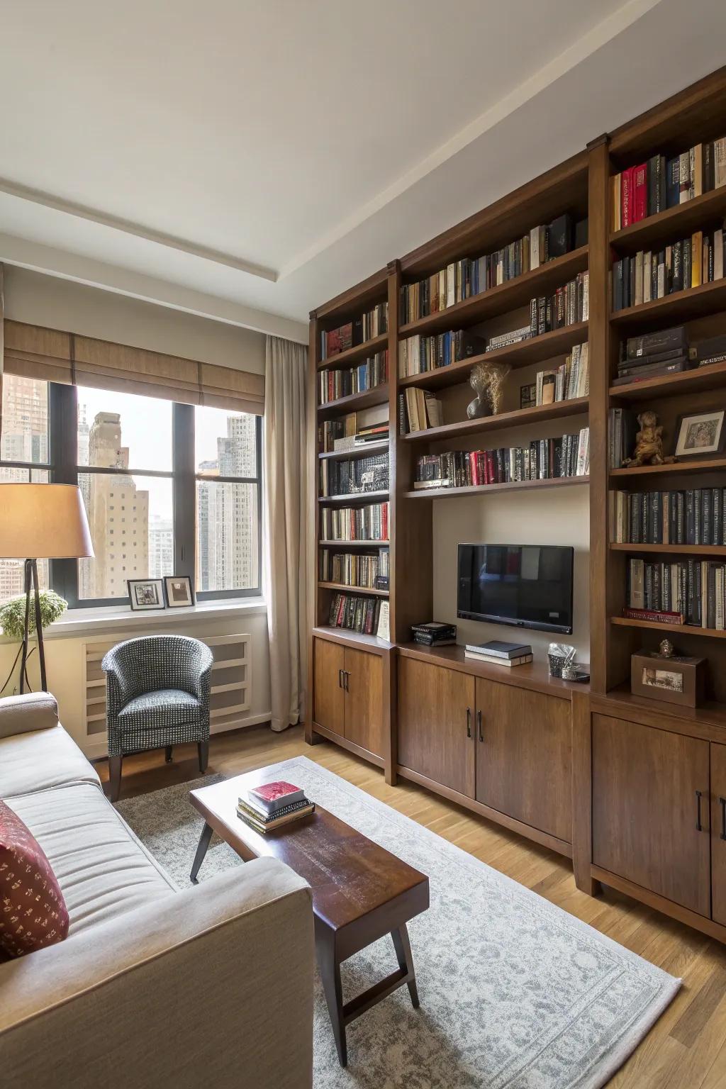 Tall furnishings enhance vertical space and balance.