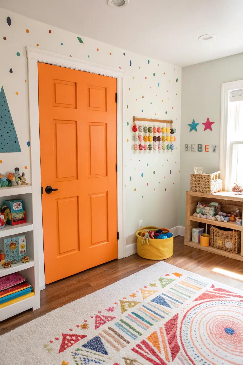 A tangerine entryway introduces energy to this lively playroom.