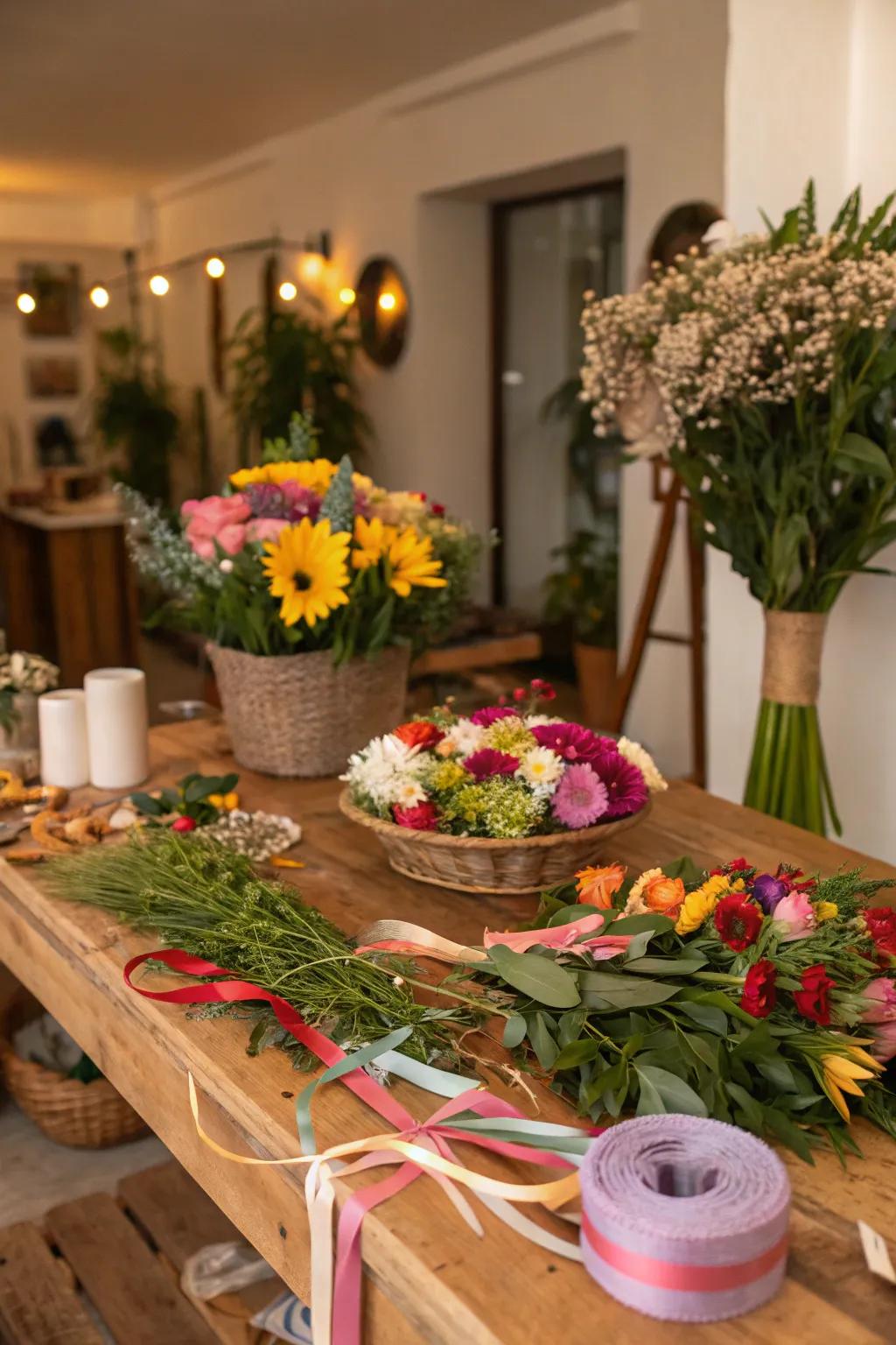 Attendees craft whimsical floral circlets at the garden gathering.