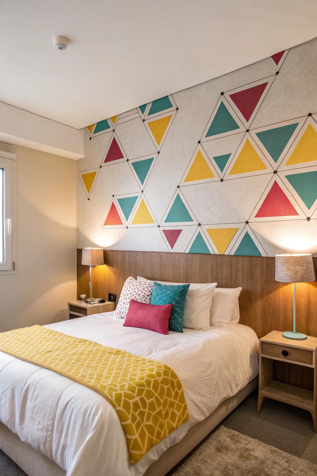 Geometric wall designs give the space above the bed a modern appeal.