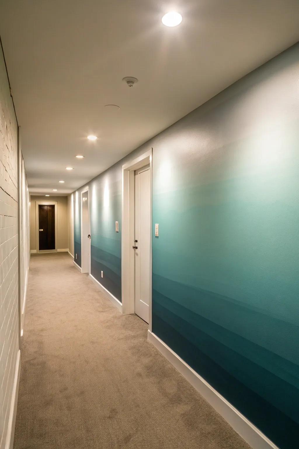 A passageway featuring a gradient accent wall for a seamless transition.