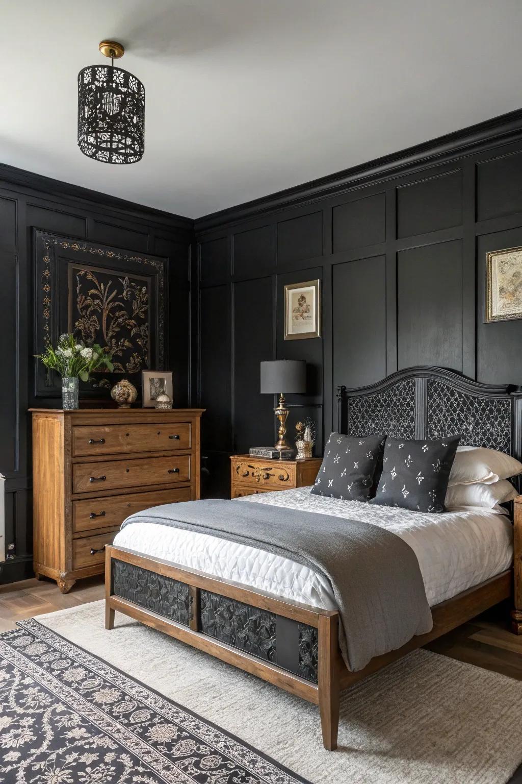 A charcoal boudoir commingling modern and traditional blueprint components for a personalized guise.