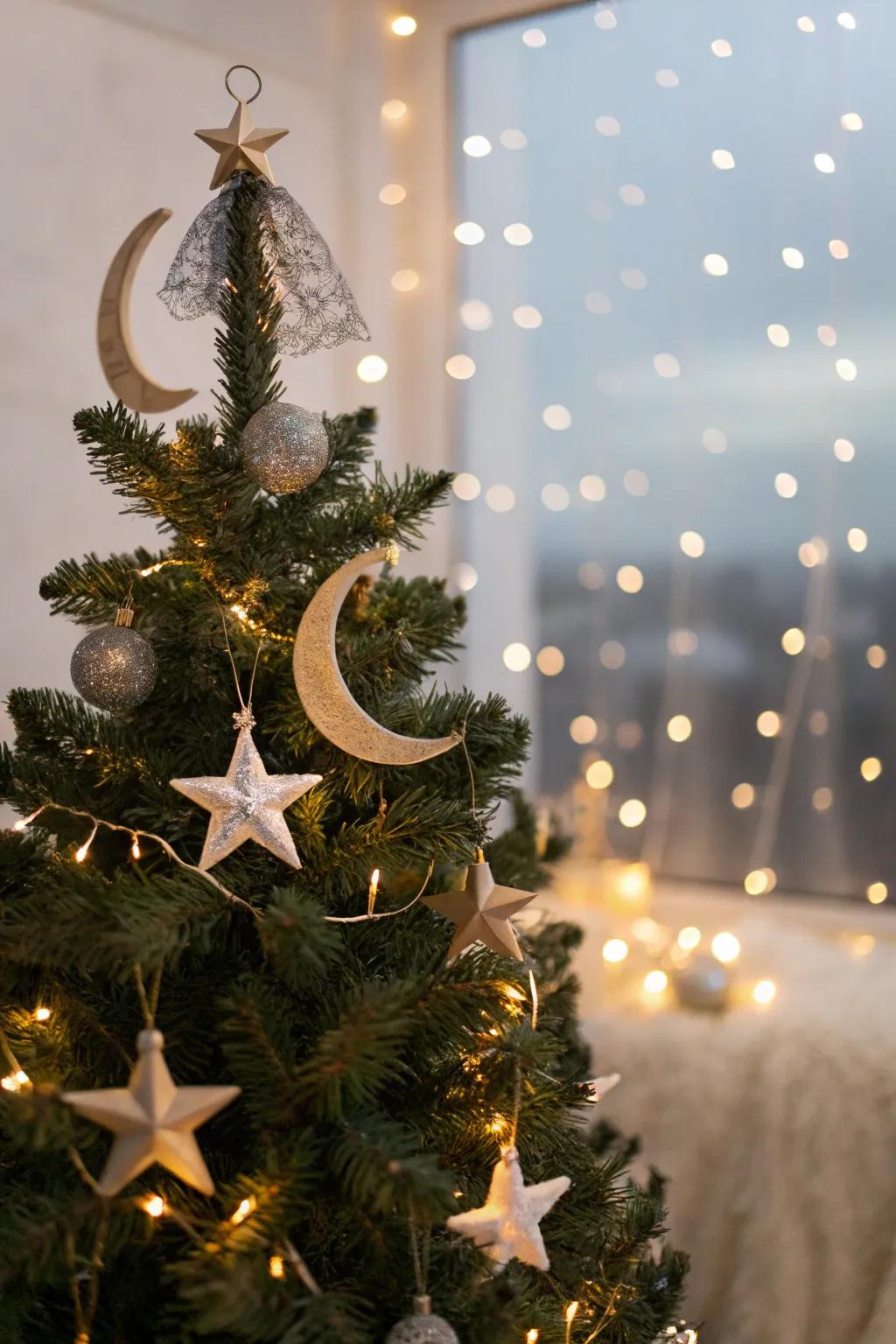 A Christmas tree inspired by ethereal themes, embellished with star and moon ornaments.