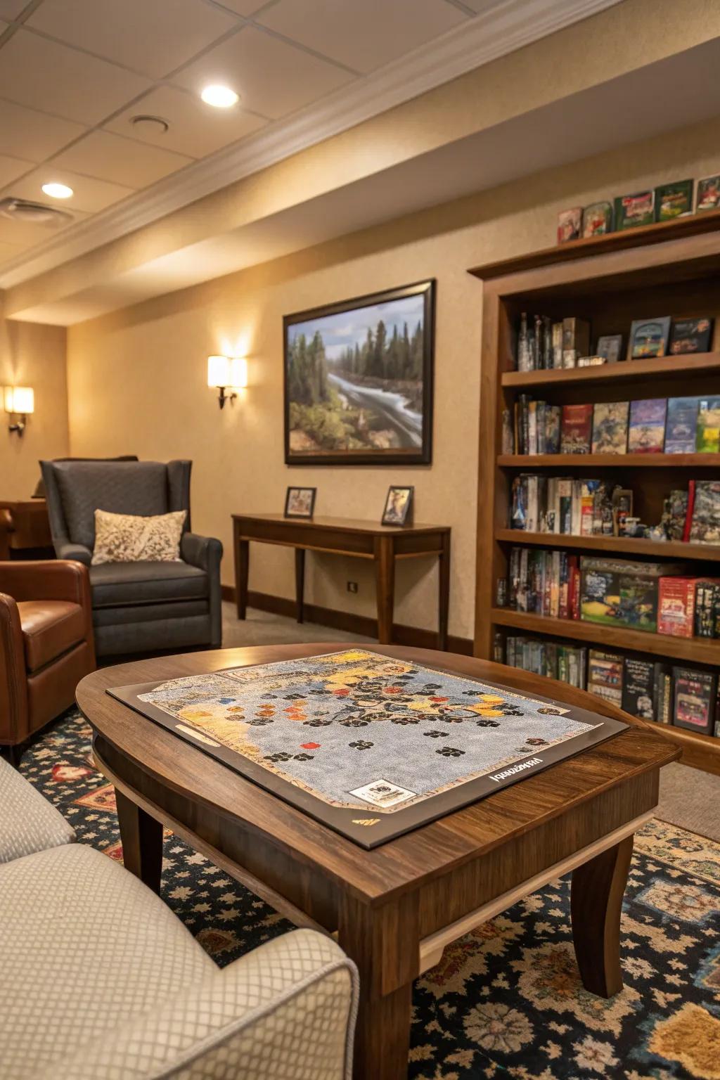 A jigsaw table delivers a peaceful and intellectually active pastime within the gaming room.