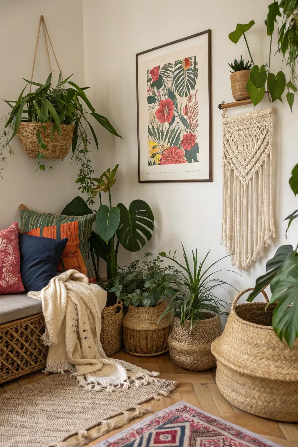 Art prints paired alongside indigenous components for an organic exhibit.