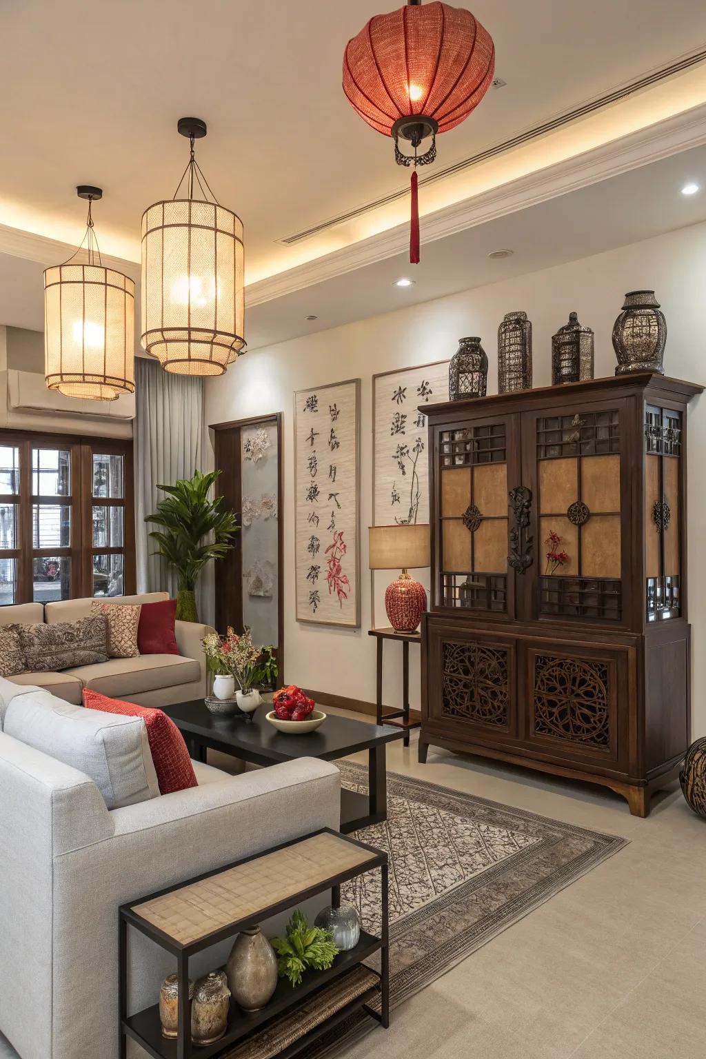 A unique blend of Asian and modern styles offering a personal decorative touch.