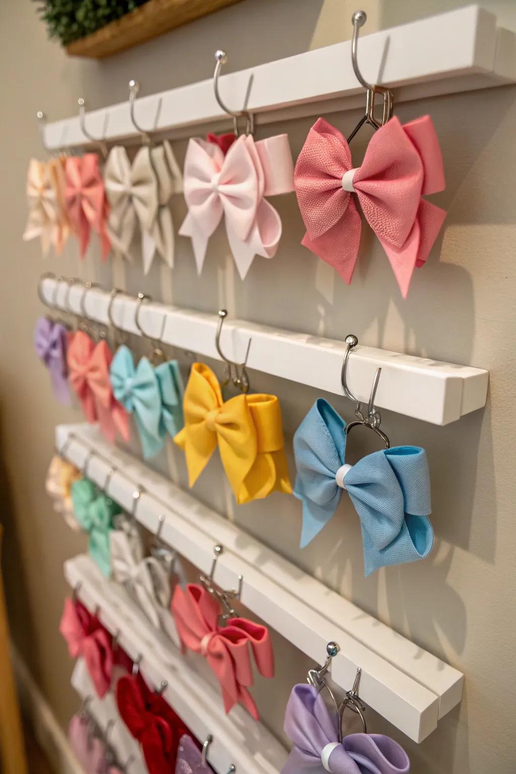 Chic floating shelves with hooks for organizing baby bows.