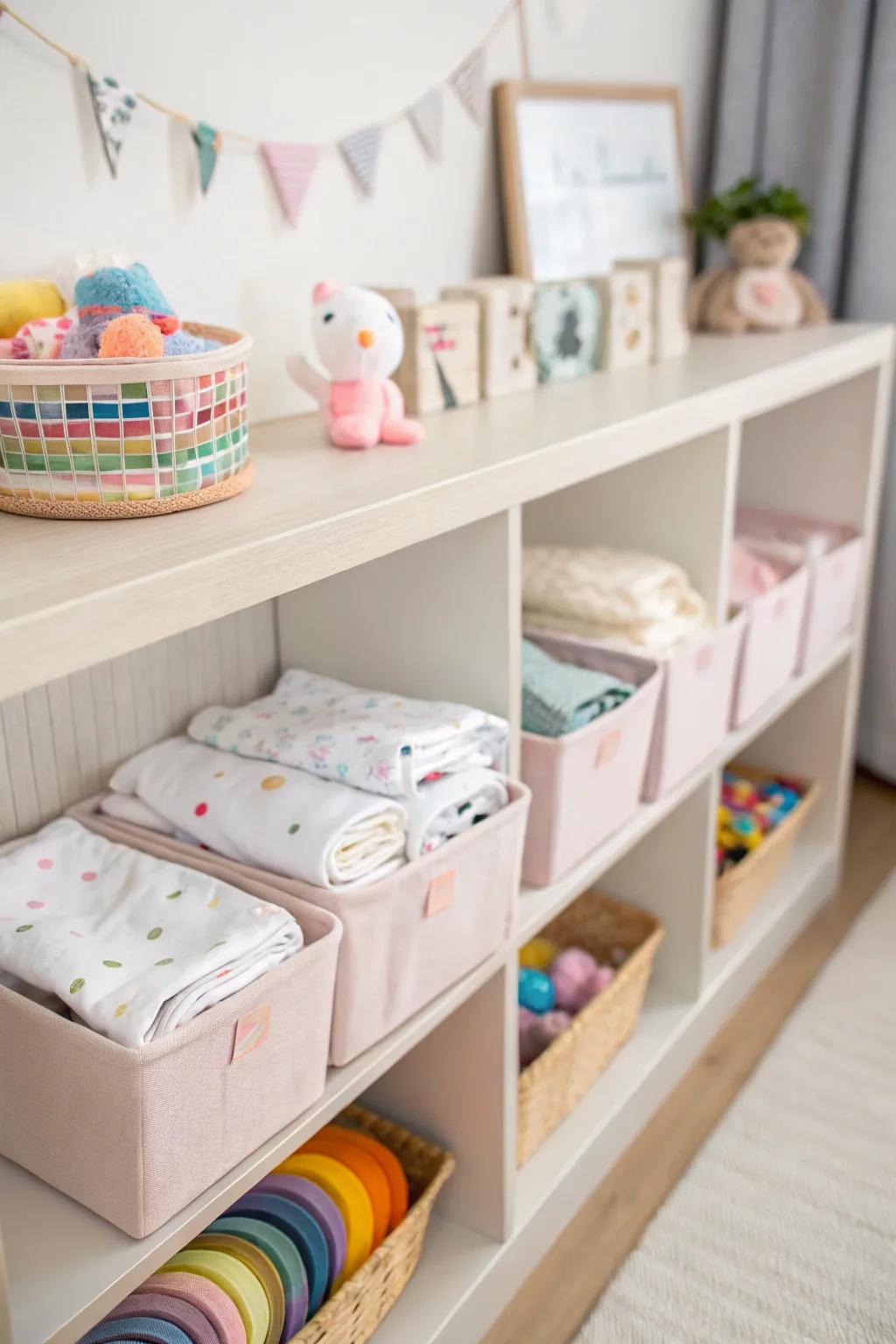 Fabric bins offer gentle and practical storage for baby items.
