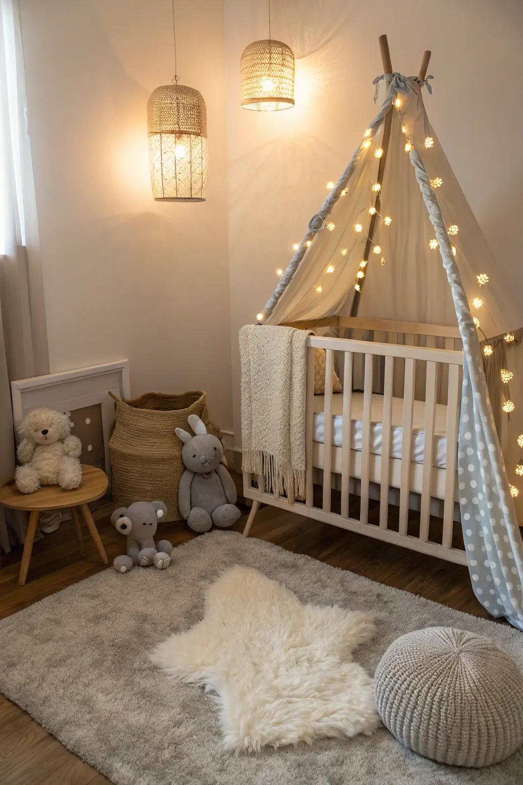 Soft lighting enhances the comfortable, calming atmosphere to a nursery spot.