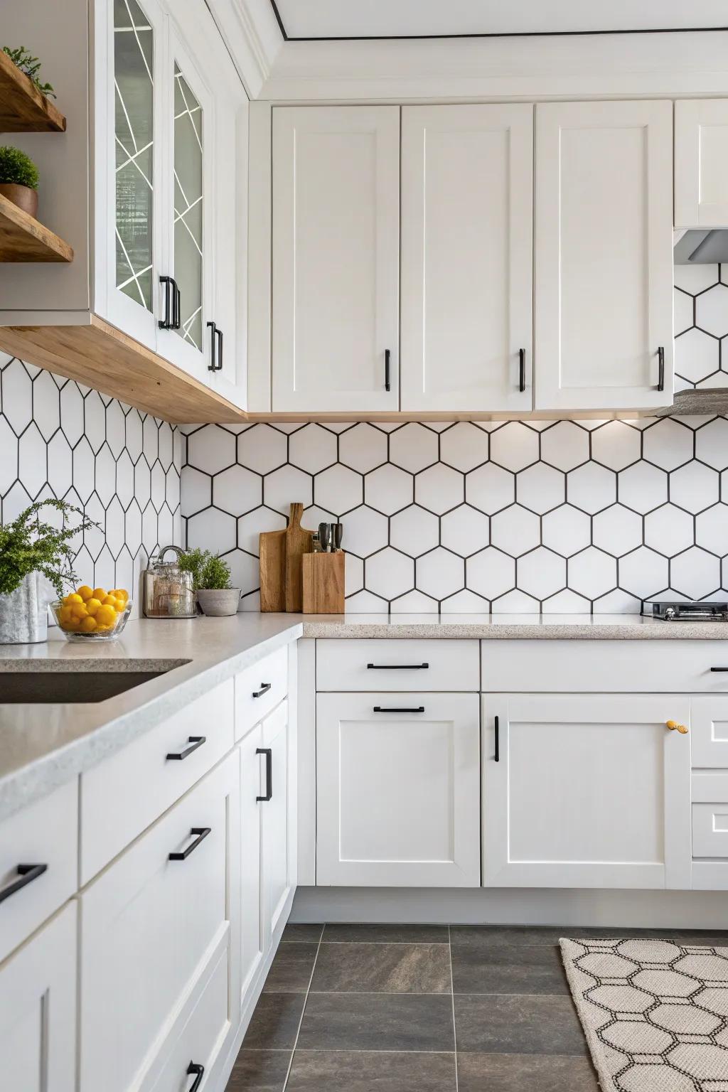 Hexagonal tiles enrich dimension and playfulness into this white kitchen.