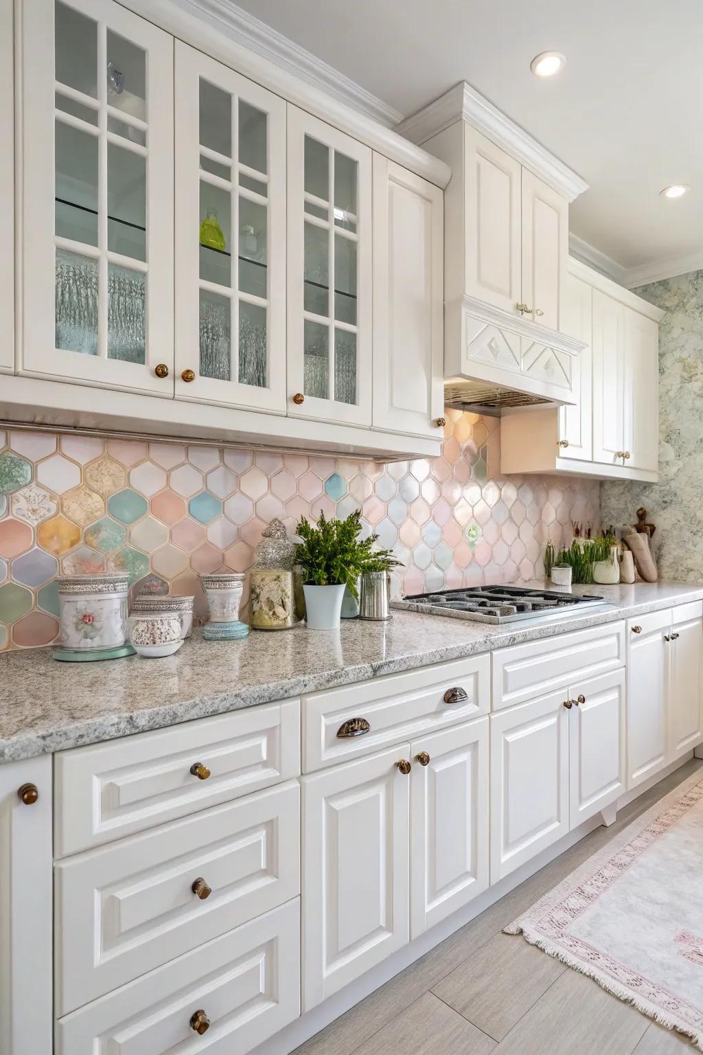 The kitchen's atmosphere is gently and calmingly enhanced by pastel hues.