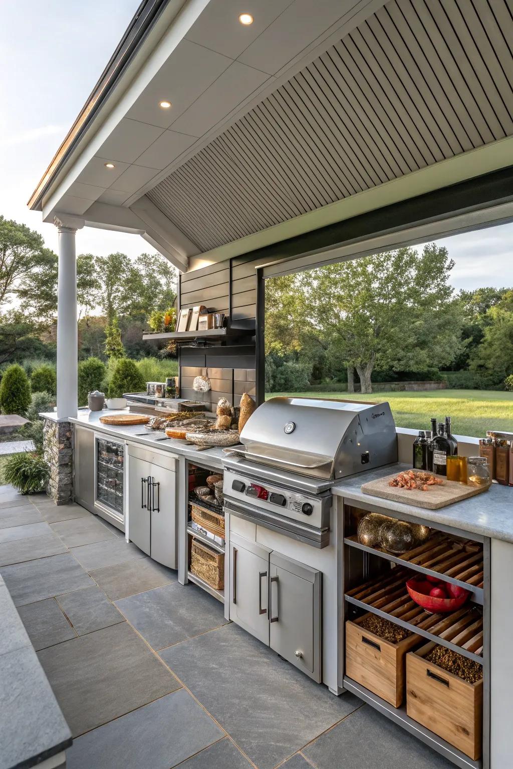 A chef's dream: gourmet BBQ shed with top appliances.