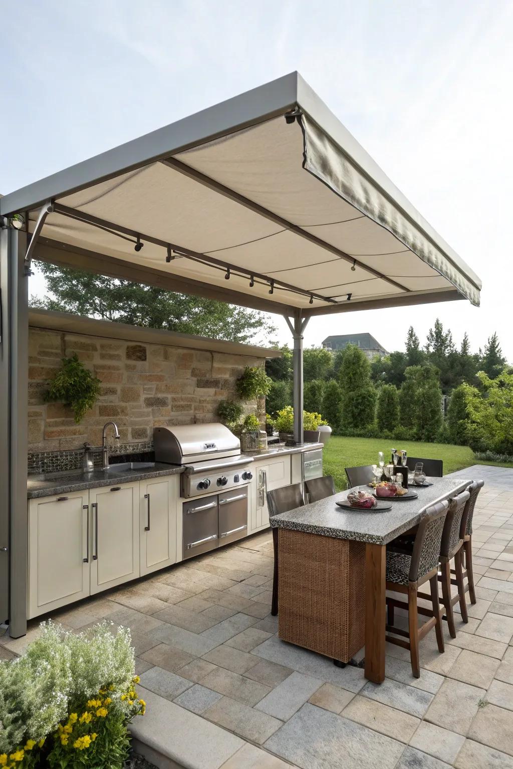 An adaptable canopy furnishes year-round coziness in your outdoor cooking area.