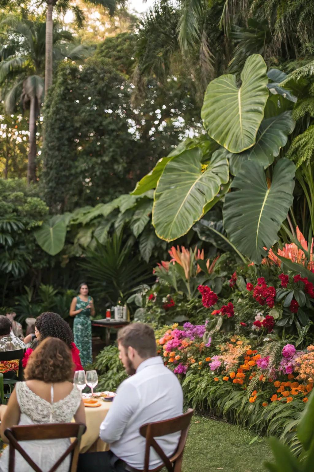 A tropical plantlife backdrop contributes an exotic detail to the garden celebration.