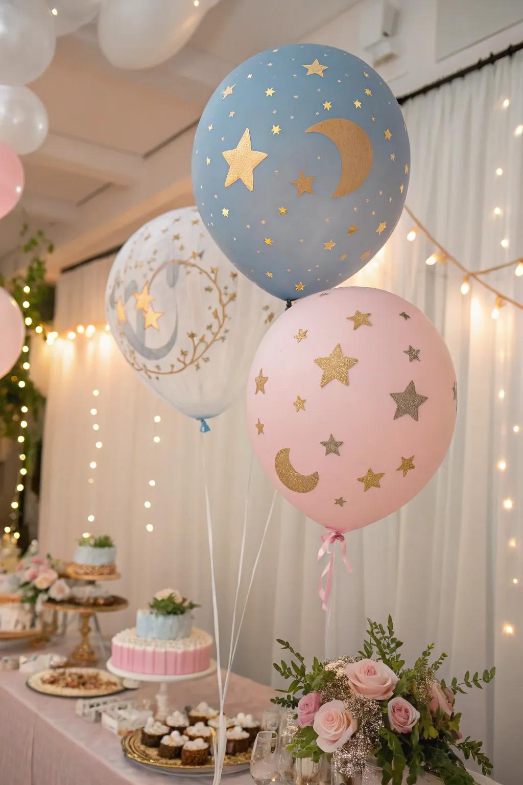 A heavenly balloon theme introduces a dreamy, otherworldly touch.