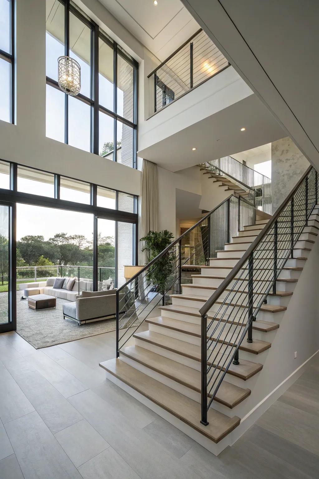Modern refinement with suspended banisters.