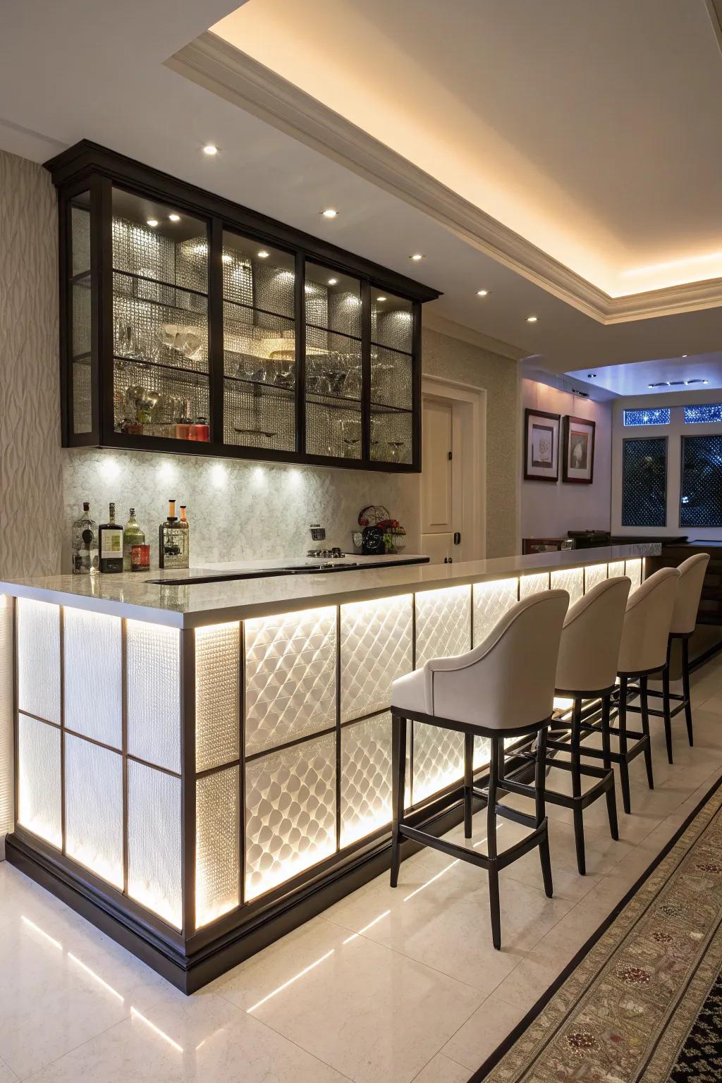 A home bar with an illuminated section backsplash in a modern setting.