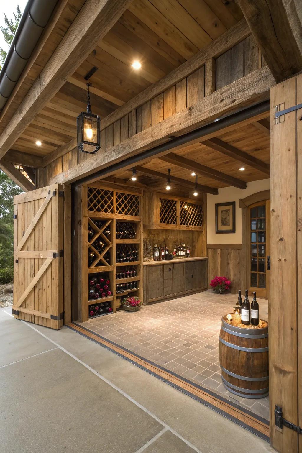 A wine cellar nook contributes luxury and personal enjoyment to this garage.