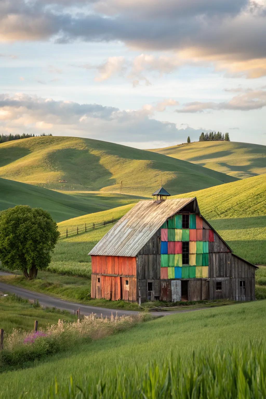 A barn jazzed up with colorful boards, turning it into a happy place.